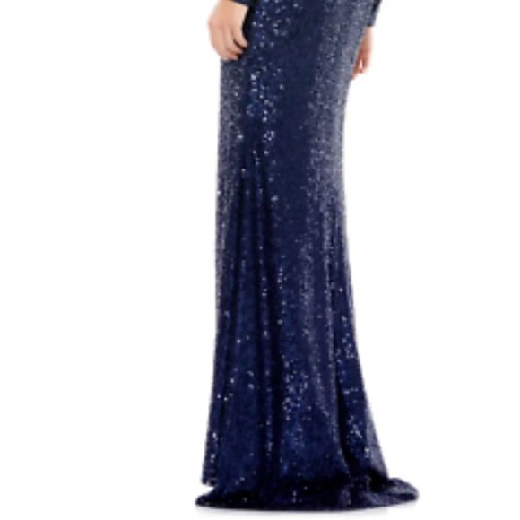 MAC DUGGAL LONG SLEEVE SEQUIN FAUX WRAP THIGH SLIT MIDNIGHT NAVY GOWN sz 12 - Picture 6 of 6